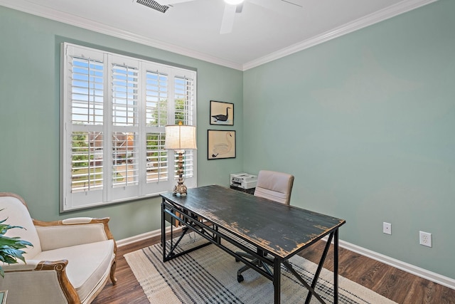 1013 Nealcrest Cir, Spring Hill, TN 37174 - office area featuring baseboards, wood finished floors, crown molding, and a ceiling fan