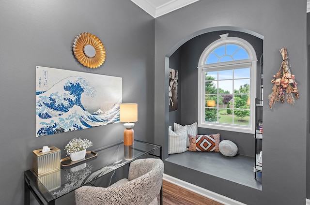 1013 Nealcrest Cir, Spring Hill, TN 37174 - sitting room featuring arched walkways, wood finished floors, ornamental molding, plenty of natural light, and baseboards