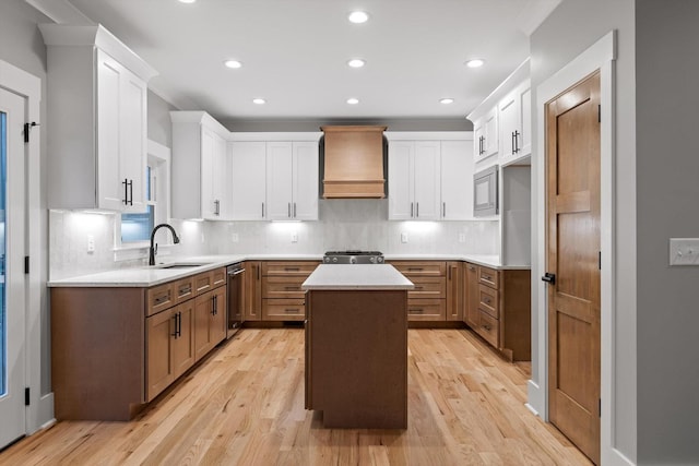 264 Goose Creek Cir, Soddy Daisy, TN 37379 - kitchen with premium range hood, stainless steel appliances, a sink, light wood-type flooring, and a center island