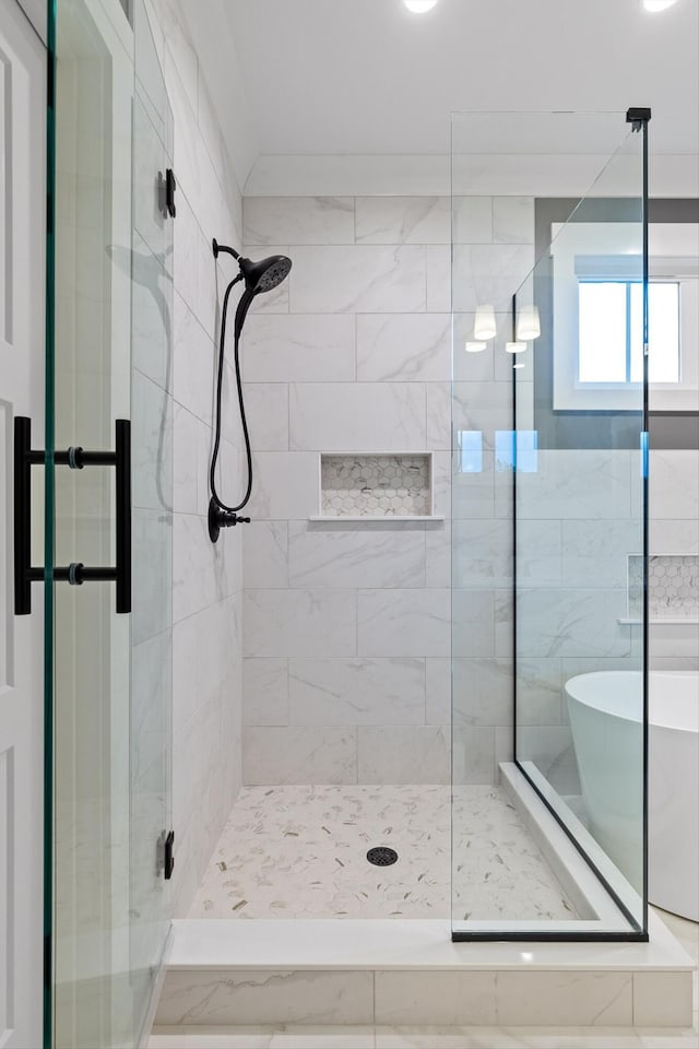 264 Goose Creek Cir, Soddy Daisy, TN 37379 - bathroom with a stall shower and a freestanding tub