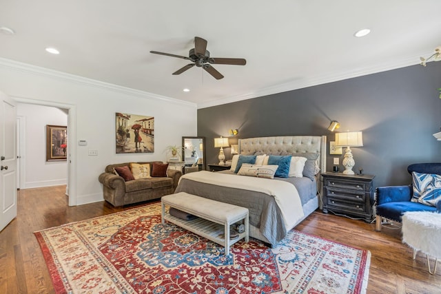 5432 Parker Branch Rd, Franklin, TN 37064 - bedroom featuring ornamental molding, wood finished floors, recessed lighting, ceiling fan, and baseboards