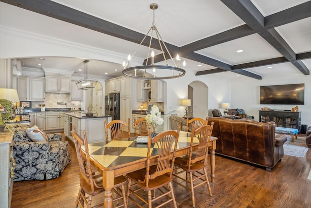 5432 Parker Branch Rd, Franklin, TN 37064 - dining area with arched walkways, beam ceiling, dark wood-style floors, a chandelier, and coffered ceiling