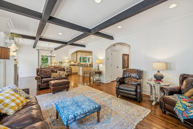 5432 Parker Branch Rd, Franklin, TN 37064 - living area featuring arched walkways, beamed ceiling, baseboards, coffered ceiling, and wood finished floors