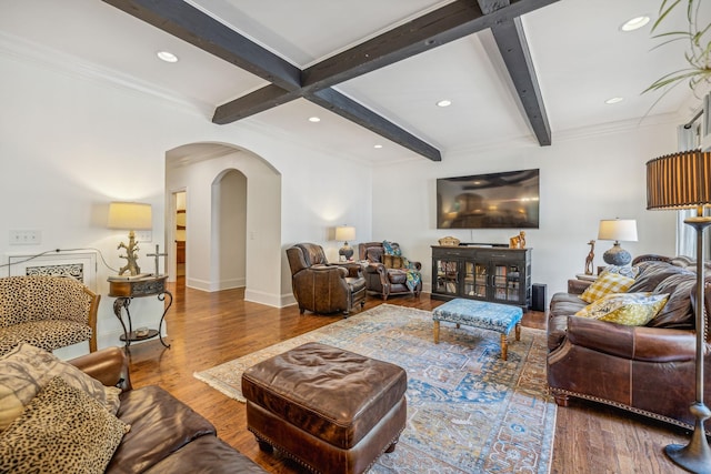 5432 Parker Branch Rd, Franklin, TN 37064 - living area with arched walkways, beam ceiling, baseboards, wood finished floors, and recessed lighting