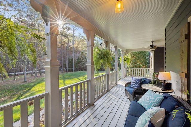 5432 Parker Branch Rd, Franklin, TN 37064 - wooden deck with covered porch, a ceiling fan, and a yard