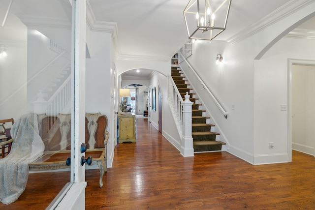 5432 Parker Branch Rd, Franklin, TN 37064 - entrance foyer with stairs, arched walkways, ornamental molding, wood finished floors, and baseboards