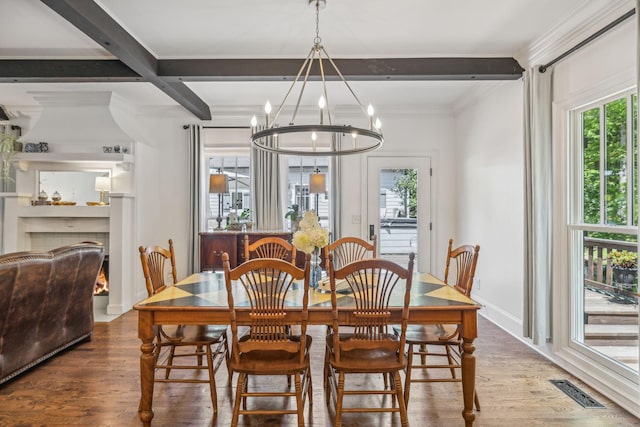 5432 Parker Branch Rd, Franklin, TN 37064 - dining room featuring a chandelier, wood finished floors, beamed ceiling, crown molding, and baseboards