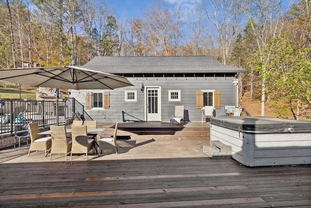 5432 Parker Branch Rd, Franklin, TN 37064 - wooden terrace featuring a hot tub and outdoor dining area