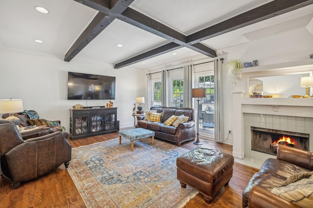 5432 Parker Branch Rd, Franklin, TN 37064 - living area with wood finished floors, a tiled fireplace, beam ceiling, baseboards, and recessed lighting