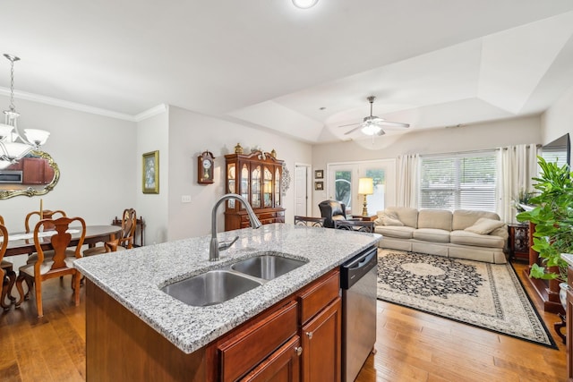 kitchen featuring a sink, stainless steel dishwasher, a tray ceiling, light wood finished floors, and decorative light fixtures