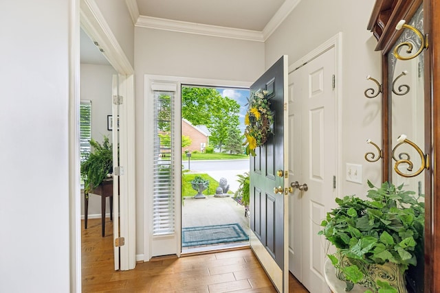 entryway featuring wood finished floors and ornamental molding