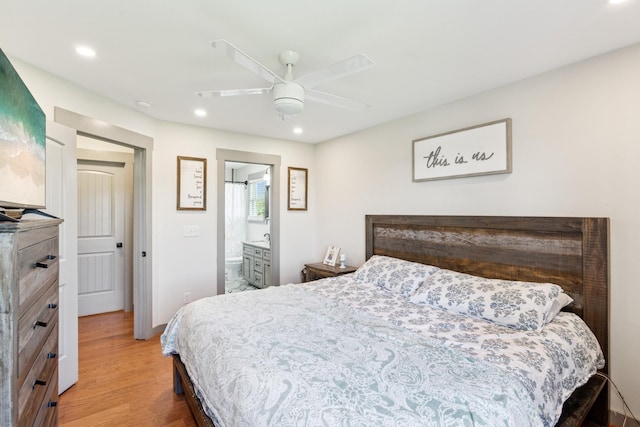 706 Kirbytown Rd, Lafayette, TN 37083 - bedroom with light wood-type flooring, recessed lighting, ensuite bath, and ceiling fan