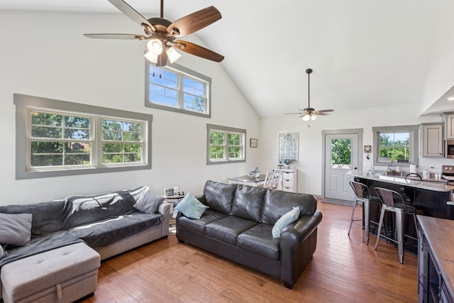 706 Kirbytown Rd, Lafayette, TN 37083 - living area with a ceiling fan, high vaulted ceiling, and wood finished floors
