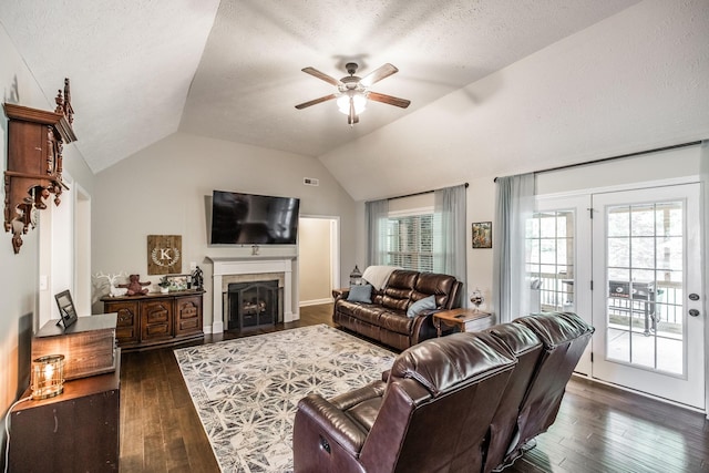1461 Round Rock Dr, Murfreesboro, TN 37128 - living room featuring ceiling fan, dark wood finished floors, lofted ceiling, a textured ceiling, and a fireplace