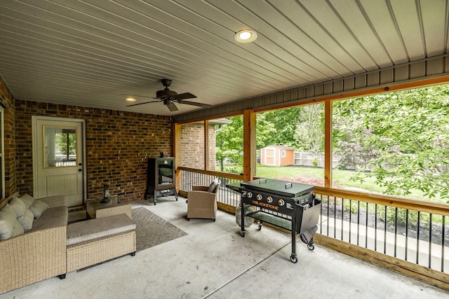 1461 Round Rock Dr, Murfreesboro, TN 37128 - view of patio / terrace featuring a storage shed, ceiling fan, an outdoor structure, and a grill