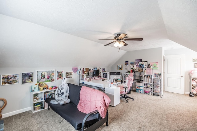 1461 Round Rock Dr, Murfreesboro, TN 37128 - carpeted home office featuring lofted ceiling, ceiling fan, a textured ceiling, and baseboards