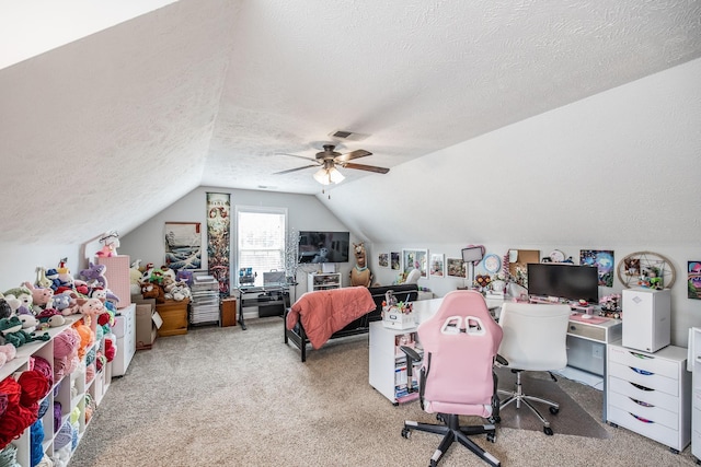 1461 Round Rock Dr, Murfreesboro, TN 37128 - carpeted bedroom with a textured ceiling, lofted ceiling, and ceiling fan