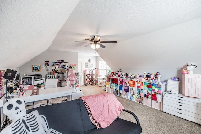 1461 Round Rock Dr, Murfreesboro, TN 37128 - game room featuring carpet, a textured ceiling, vaulted ceiling, and ceiling fan