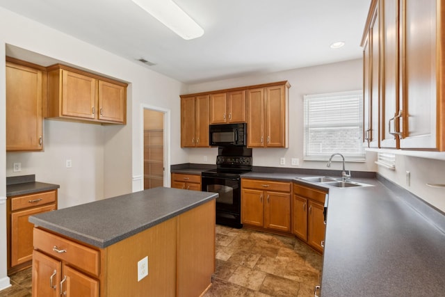 3045 Cairns Dr W, Mount Juliet, TN 37122 - kitchen featuring black appliances, a sink, dark countertops, brown cabinetry, and recessed lighting