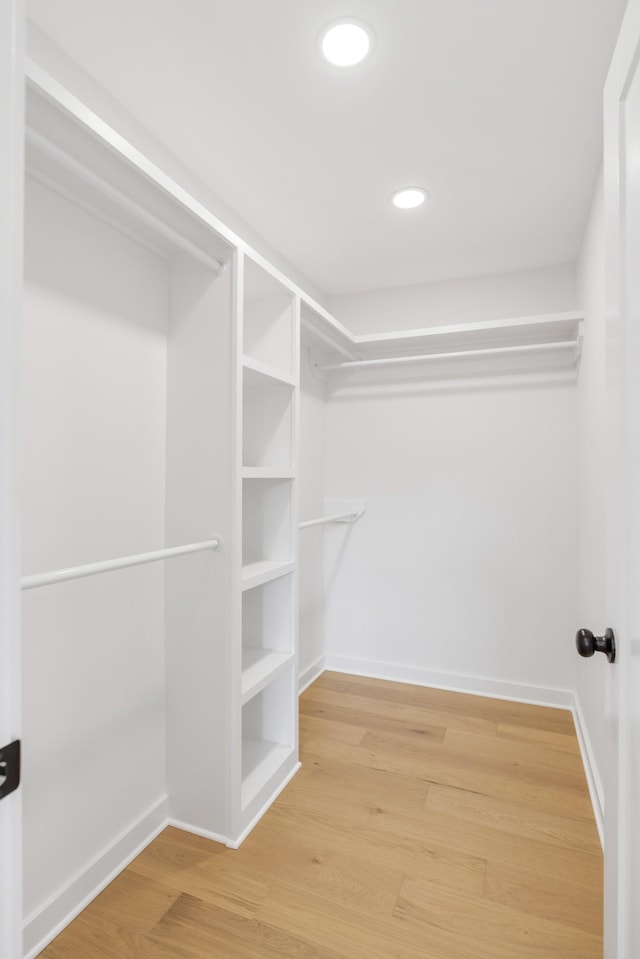 walk in closet with light wood finished floors