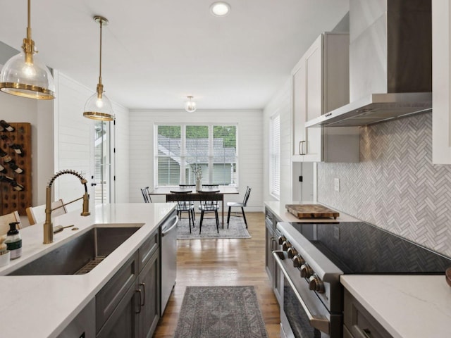 kitchen featuring wall chimney exhaust hood, a sink, stainless steel appliances, decorative backsplash, and wood finished floors