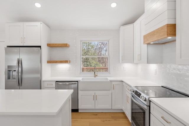 208 Roberta Dr, Hendersonville, TN 37075 - kitchen with stainless steel appliances, a sink, custom range hood, open shelves, and tasteful backsplash
