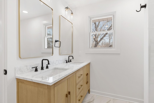 208 Roberta Dr, Hendersonville, TN 37075 - bathroom with marble look tiles, baseboards, and double vanity