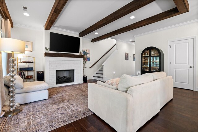 3983 Inlet Loop, Chattanooga, TN 37416 - living room featuring stairway, beam ceiling, dark wood-style floors, a fireplace, and ornamental molding