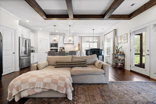 3983 Inlet Loop, Chattanooga, TN 37416 - living room featuring a chandelier, dark wood-style flooring, recessed lighting, beam ceiling, and crown molding