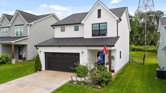 3983 Inlet Loop, Chattanooga, TN 37416 - modern farmhouse style home with an attached garage, a shingled roof, cooling unit, and driveway