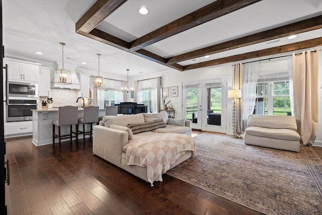 3983 Inlet Loop, Chattanooga, TN 37416 - living area featuring a chandelier, french doors, dark wood-type flooring, beamed ceiling, and recessed lighting