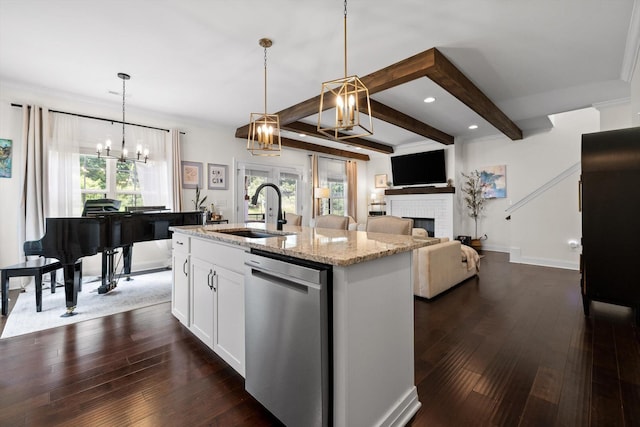 3983 Inlet Loop, Chattanooga, TN 37416 - kitchen featuring a sink, stainless steel dishwasher, a chandelier, beamed ceiling, and dark wood-style floors