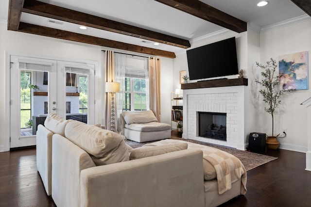 3983 Inlet Loop, Chattanooga, TN 37416 - living area with dark wood-style flooring, a fireplace, beam ceiling, recessed lighting, and french doors