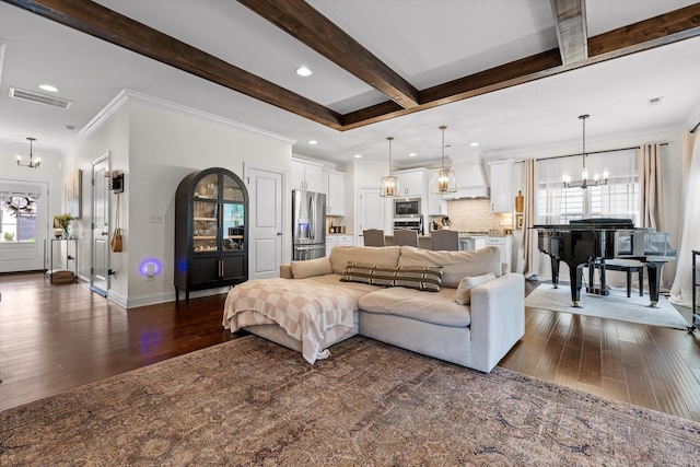 3983 Inlet Loop, Chattanooga, TN 37416 - living area featuring a chandelier, dark wood-style floors, ornamental molding, recessed lighting, and beam ceiling