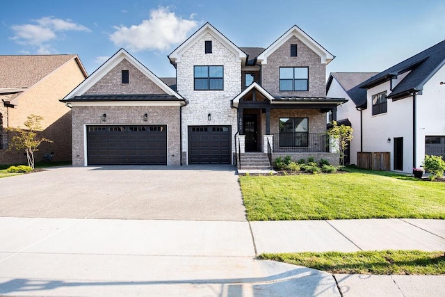 view of front of home with brick siding, covered porch, concrete driveway, and a front lawn