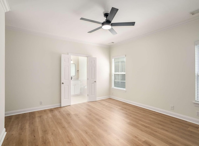 3038 Oxford Glen Dr, Franklin, TN 37067 - unfurnished bedroom featuring light wood-style flooring, ornamental molding, baseboards, ensuite bath, and ceiling fan