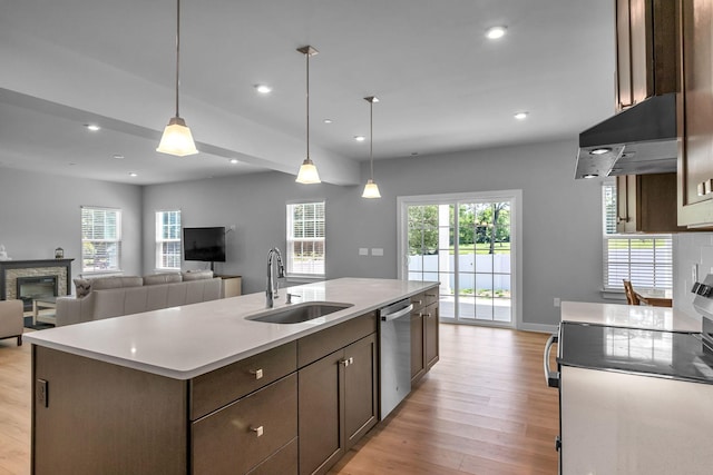 1610 Shenstone Dr, Smyrna, TN 37167 - kitchen featuring stainless steel dishwasher, a sink, under cabinet range hood, stove, and light wood-type flooring