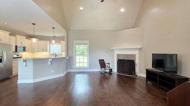109 Coteswood Ct, Columbia, TN 38401 - living area featuring dark wood finished floors, a fireplace, recessed lighting, high vaulted ceiling, and baseboards