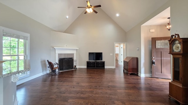 109 Coteswood Ct, Columbia, TN 38401 - unfurnished living room featuring high vaulted ceiling, a ceiling fan, dark wood-style flooring, a fireplace, and baseboards