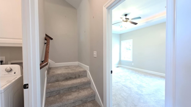 109 Coteswood Ct, Columbia, TN 38401 - stairway with washer / clothes dryer, carpet flooring, a ceiling fan, and baseboards