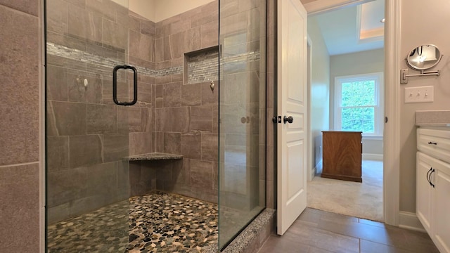 109 Coteswood Ct, Columbia, TN 38401 - bathroom featuring a stall shower, vanity, tile patterned floors, and baseboards