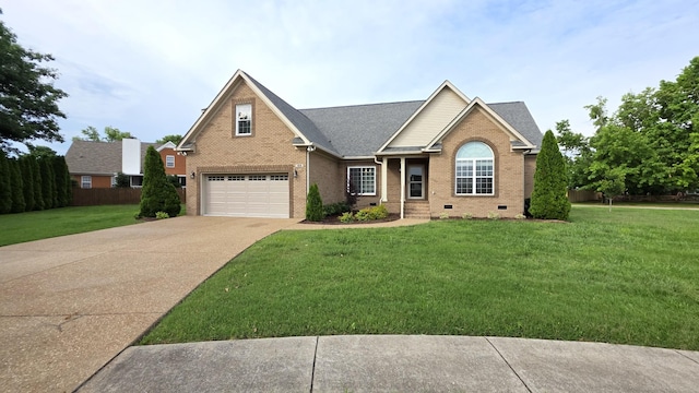 109 Coteswood Ct, Columbia, TN 38401 - view of front facade with brick siding, a garage, crawl space, driveway, and a front lawn