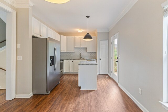 664 Huffine Manor Cir, Franklin, TN 37067 - kitchen featuring stainless steel refrigerator with ice dispenser, dark wood finished floors, white cabinets, backsplash, and a center island