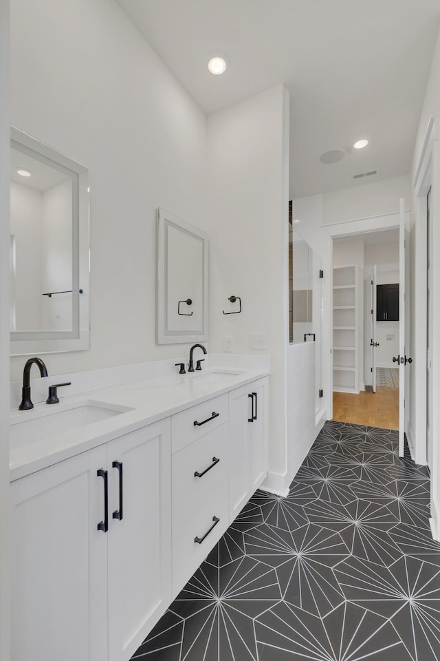 5735 Willoughby Way, Murfreesboro, TN 37129 - bathroom with double vanity, tile patterned flooring, a shower, and recessed lighting