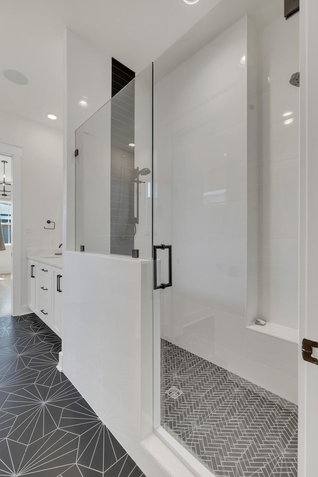 5735 Willoughby Way, Murfreesboro, TN 37129 - bathroom featuring a stall shower, tile patterned flooring, and vanity