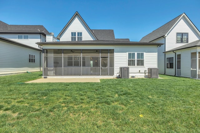 5735 Willoughby Way, Murfreesboro, TN 37129 - rear view of house with cooling unit, a sunroom, a yard, and a ceiling fan