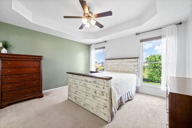 3659 Fieldstone Dr, Clarksville, TN 37040 - bedroom featuring a tray ceiling, light colored carpet, multiple windows, and baseboards