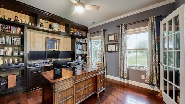 420 Fannis Cir, Gallatin, TN 37066 - office area featuring baseboards, ceiling fan, ornamental molding, and dark wood-style floors