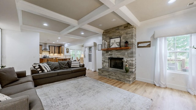 420 Fannis Cir, Gallatin, TN 37066 - living room with light wood-style flooring, beamed ceiling, a fireplace, coffered ceiling, and baseboards