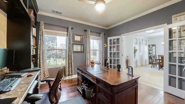 420 Fannis Cir, Gallatin, TN 37066 - office space featuring ceiling fan, crown molding, wood finished floors, and french doors